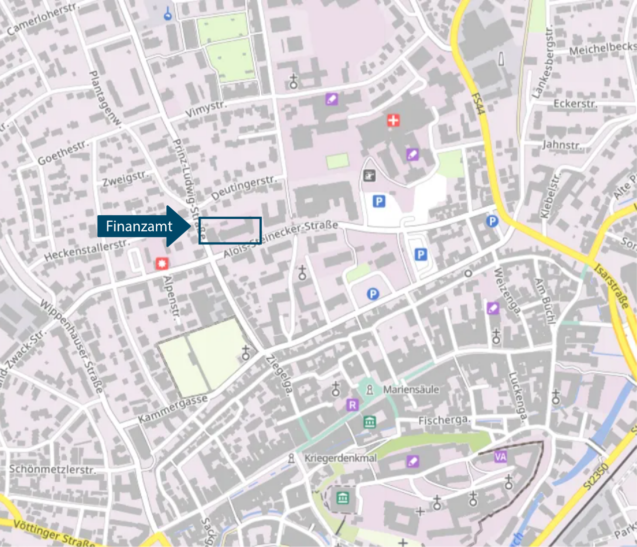  Stadtplan mit Markierung des Finanzamts Freising